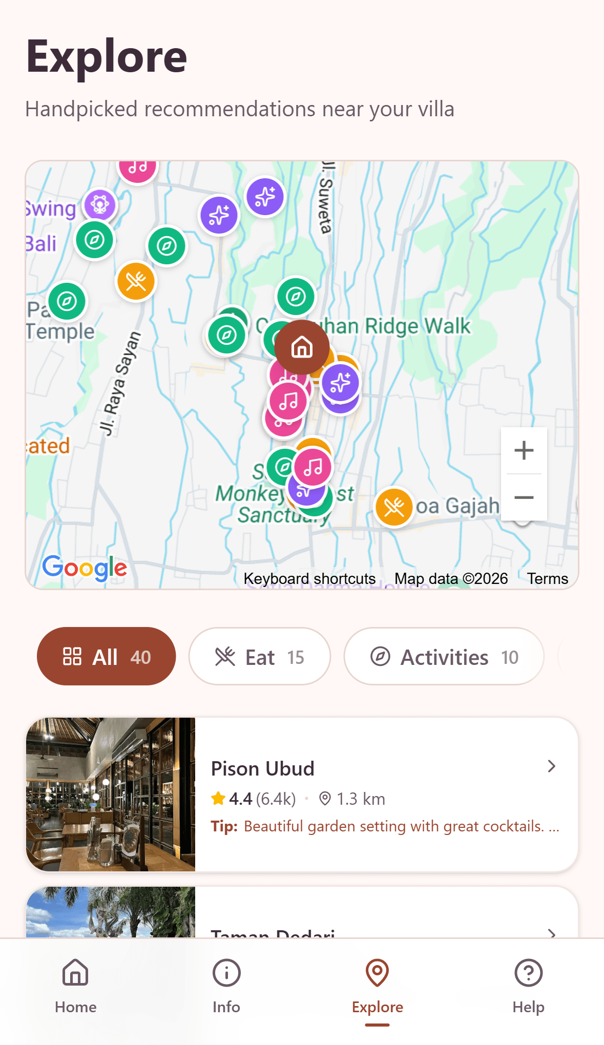 Interactive map showing nearby restaurants, activities, and attractions around the property
