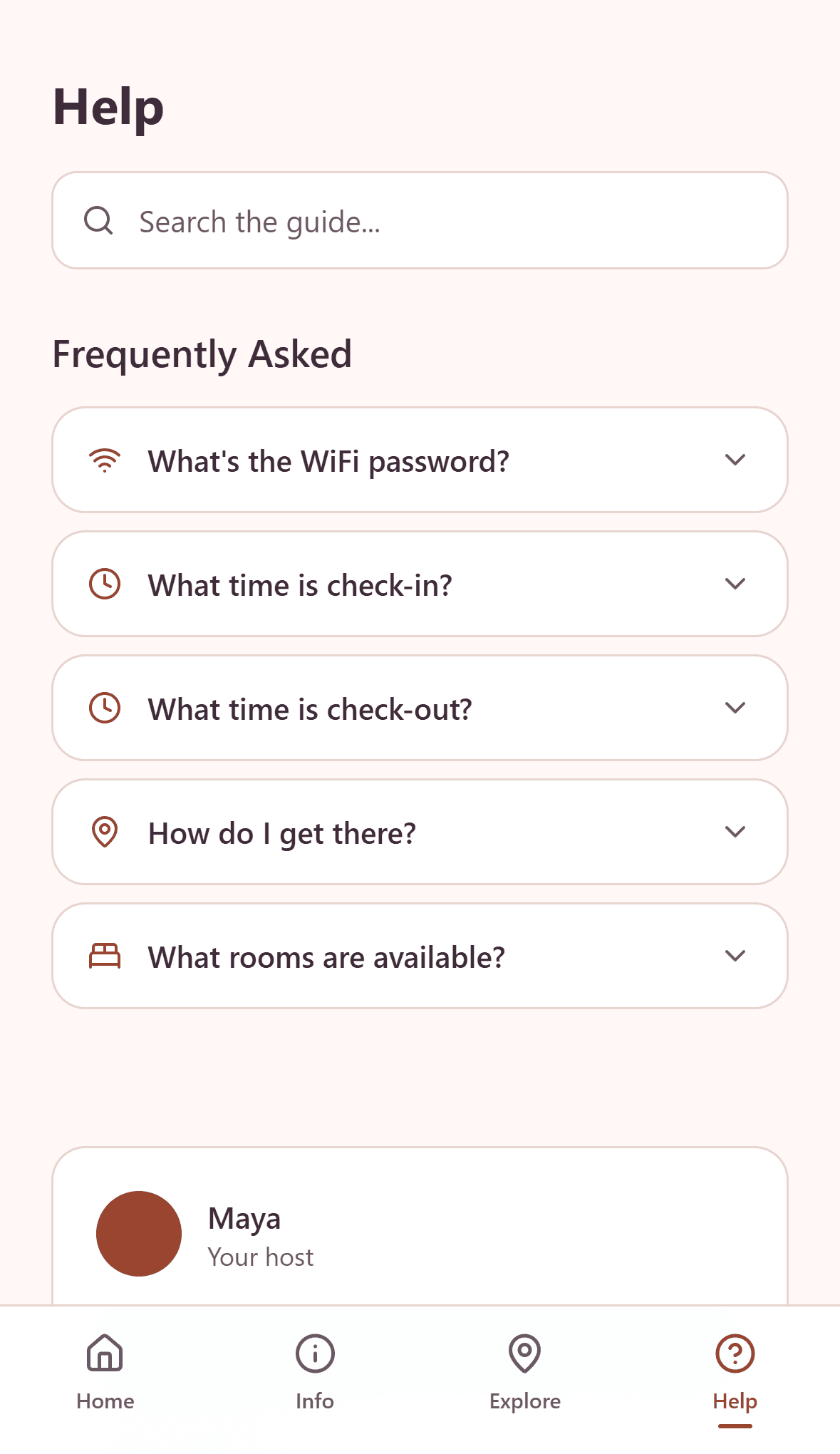Guide help section with FAQ, search, and quick answers for guests
