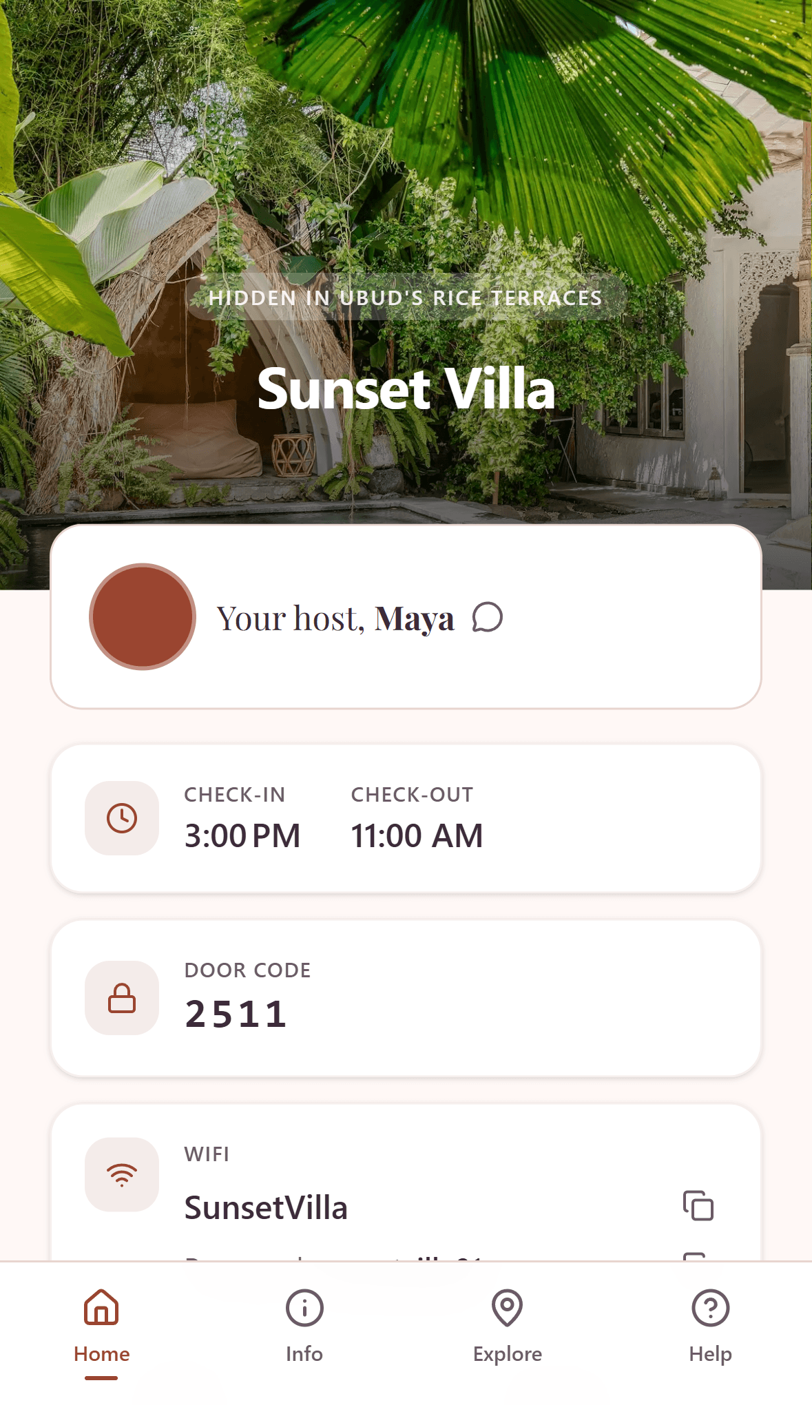 Guest guide home screen with cover photo, WiFi details, check-in times, and host contact